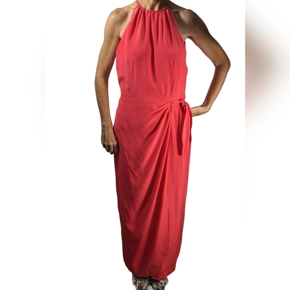 Vintage Y2K Maggy London 100% Silk Red Halter Maxi Dress Size 6